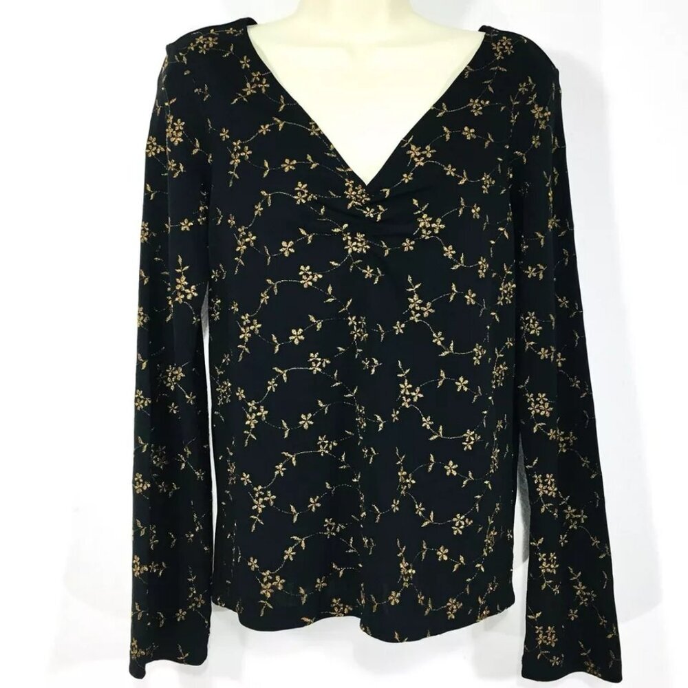 Vtg Carole Little Embroidered Metallic Vine Top Sz M Long Sleeve Solid Blk Back